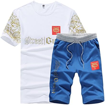 Rocky Sun Mens Summer Cotton Comfortable Shirts And Shorts 2Pcs White Blue L