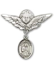 Sterling Silver Baby Badge with St. Isaac Jogues Charm and Angel with Wings Badge Pin