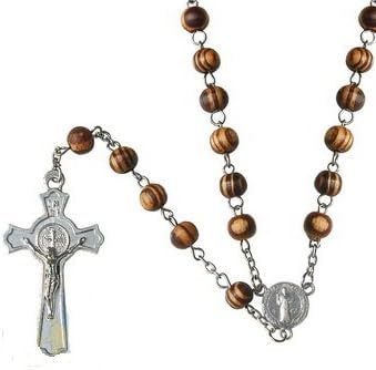 Catholic &amp; Religious Bracelet, Men or Womens, Saint Benedict Exorcism Medal, St. Benedict Brown Wooden Rosary 8mm Wooden Bead 21"l. Lay Catholics Are Not Permitted to Perform Exorcisms but They Can Use the Saint Benedict Medal, Holy Water, the Crucifix, and Other Sacramentals to Ward Off Evil. Catholic Saint Benedict Patron Saint of Kidney Disease, Poison Sufferers, Students, Poisoning, School Children, Homeless, Monks.