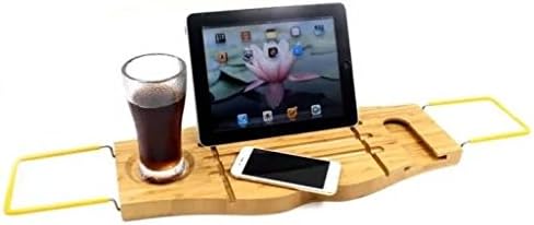 Liyin Non-slip Bamboo Bathtub Caddy with Extending Sides Adjustable Handcrafted Bath Tray with Reading Rack Wine Holder Cellphone Tray
