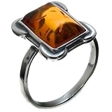 Certified Genuine Cognac Amber and Sterling Silver Rectangular Ring