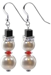 925 Sterling Silver Simulated Pearl Snowman Drop Handmade Earrings Made with Swarovski Elements
