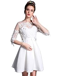 Elbow Length Sleeves Polyester Lace Applique Pleated Skater Dress 
