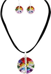 Multi Color Clay Beaded Peace Necklace Earring Set 18" Jewelry