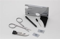 Travel Card Tool Kit with Flashlight, 3X Magnifier, Scissors, SIM card holder, Screwdriver, Ballpoint/PDA Pen and Can/Bottle Opener
