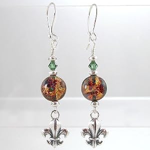 Czech Glass Bead, and Swarovski Crystal Fleur-de-lis Dangle Earrings in Sterling Silver, #8846