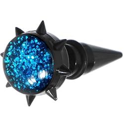 Black Acrylic Spiked Blue Ultra Glitter Fake Taper Ear Plug
