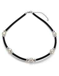 Sterling Silver 9-10mm White Freshwater Pearl and Rondels with Black Leather Necklace 18"+2" Extended Chain Necklace. Secured with Sterling Silver Lobster-claw-clasp.