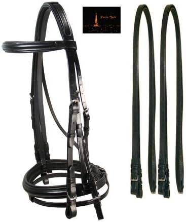 Paris Tack Weymouth Padded Crown Dressage Horse Bridle & Double Reins - Black Full