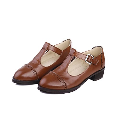 Leanna Women's Rome Stylish Vintage Cute Oxfords Pu Leather T-strap Hasp Brogues Carving Work Shoes