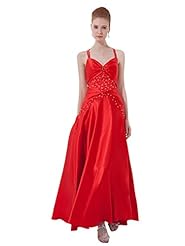 A-line V-neck Satin Natural   Waistline Spaghetti Strap Floor Length Open-Back Lace Beaded Prom Dress 