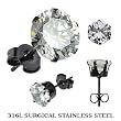 Black IP Plated 316L Surgical Stainless Steel Stud Earrings with 5mm Round Clear CZ - 22G (0.6mm) - Sold as a Pair