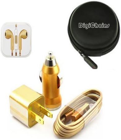 DigiChains?(golden) 5-in-1 Earphone/cable Hard Case/Bag + earphone + Wall Charger + Car Charger+ 1M Length USB Sync Data / Charging White Cable for iPhone 5 / 5C / 5S iPad Mini iPod Touch 5th Gen