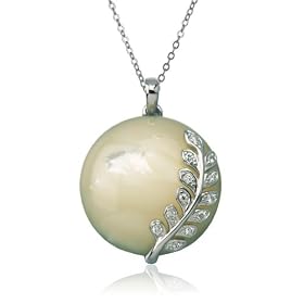 Platinum Overlay Sterling Silver Mother of Pearl & Cubic Zirconia Pendant, 18" by 