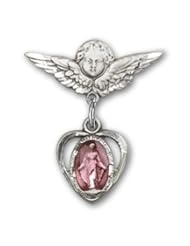 Sterling Silver Baby Badge with Blue Heart/Miraculous Charm and Angel with Wings Badge Pin