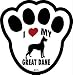 I Love My Great Dane Dog Pawprint Window Decal