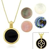 Vermeil (24k Gold over Sterling Silver) Genuine Pink Mother of Pearl, Gray Mother of Pearl, Onyx, Mother Of Pearl, Abalone 5 Stone Round Eternity Filigree Reversible Pendant Jewelry Set Valentines Day