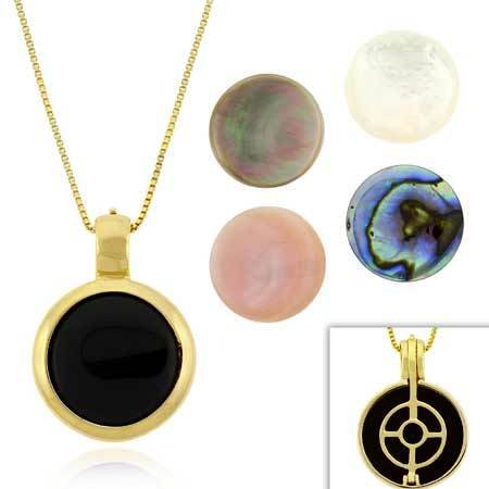 Vermeil (24k Gold over Sterling Silver) Genuine Pink Mother of Pearl, Gray Mother of Pearl, Onyx, Mother Of Pearl, & Abalone 5 Stone Round Eternity Filigree Reversible Pendant Jewelry Set Valentines Day