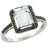 10k White Gold Rectangular Stone Ring w/ 0.33 Carat Brilliant Cut Black Diamonds & 1.46 Carats 8x6mm Emerald Cut Aquamarine Stone, 7/16 in. (11mm) wide, size 7
