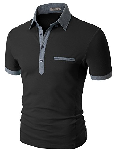 Doublju Mens chest mock pocket point short sleeve Slim Fit polo shirts
