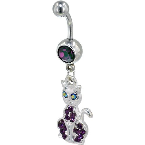 Belly Button Rings Purple Crystal Siamese Cat Dangle Birthstones Belly Navel Ring Body Jewelry