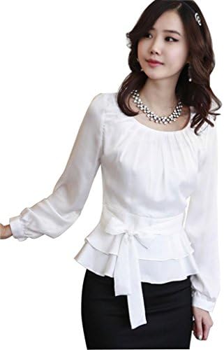 Laypoo Women's Chiffon Pleated Slim Fit Belt Long Sleeve Round Neck Blouse