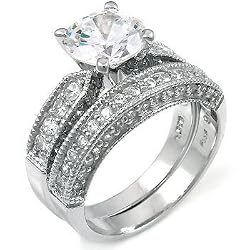 Sterling Silver Cubic Zirconia CZ Wedding Engagement Ring Set Sz 7