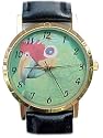 Parrot watch 1.1/4 inch dial.Gold?Tone Case. Black Leather Band