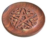 Wooden Pentacle Carved 4" Round Incense Burner - Cones or Sticks