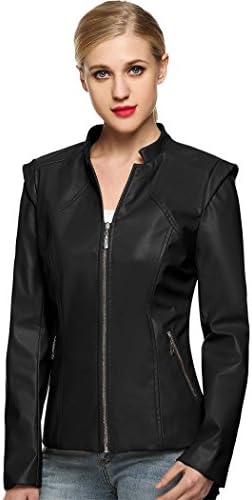 Women Cool PU Leather Zipper Motocycle Biker Pocket Jacket Coats