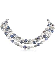 3 Row Gold Tone Baroque Freshwater Cultured Pearl with Swarovski Element Bicone Bead Gold over Silver Clasp Necklace, 18"-20.5"