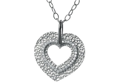 14K White Gold Hammered-Finish Sliding Heart Pendant, Enhanced with Pave Set Diamonds, Set on a 16 Oval Open-Link Necklace.