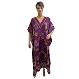 Resort Wear Womens Floral Print Satin Crepe Caftan Kaftan Purple Evening Dress