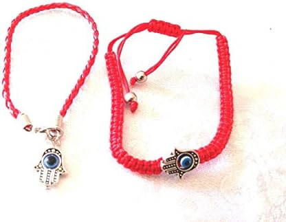 RED String Evil Eye Hamsa Bracelet + 1 Kabbalah Lucky Eye Adjustable Bangle Cuff