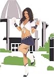Cheerleader Costume Includes Short Sleeve Tie Front Top with Collar and Matching Pleated Mini Skirt and Wrist Bands and Pom Poms Sizes Small/Medium or Medium/Large in Navy/White