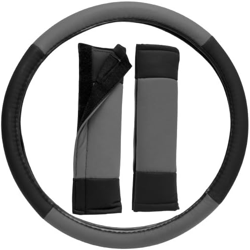OxGord Stylish Leatherette Steering Wheel Cover and Seat Belt Pad Set for the Lexus ES250 Sedan in Gray & Black Leatherette