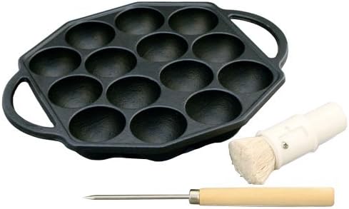 14 Holes Iron Takoyaki Pan with Pick and Oil Brush by Ikenaga Iron Works