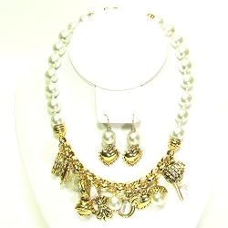 White Multi Charm Gold Tone Necklace Heart & Earrings