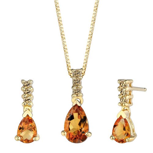 Daring and Striking 1.50 cts Pear Shape Citrine Diamond Pendant Earrings Set 14Kt Yellow Gold