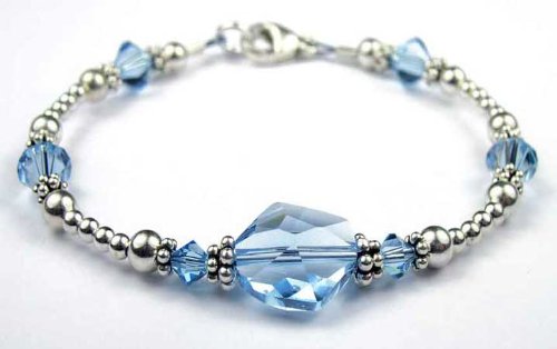Aquamarine Birthstone Sterling Silver Swarovski Crystal Handmade Beaded Bracelets