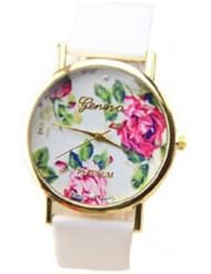 Geneva Platinum Rose Flower Rhinestones White Leather Watch Women Ladies Rose Gold Dress Watch Quartz