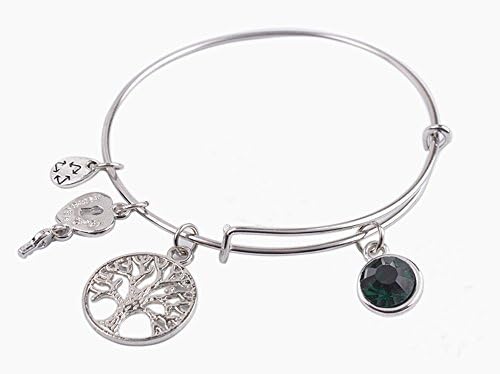 Fashion May Birthstone Charm Silver Tone Bangle Bracelet