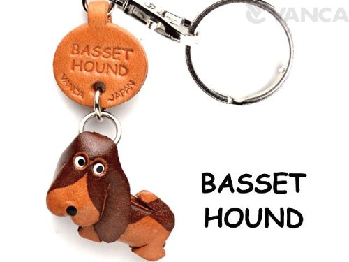 Basset Hound Leather Dog Small Keychain VANCA CRAFT-Collectible Keyring Charm Pendant Made in Japan