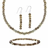 Sterling Silver 4mm Genuine Smokey Quartz Stone Bead Beaded Dangle Hook Earrings Stretch Bracelet Necklace 15-19 Jewelry Set