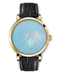 SPRAWL Aanalog Fashion Series Gold Ladies Watches of Genuine Black Leather Strap,Unique Wrist Watch for Women Girls Designed with Flowers lily on blue background