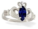14K White Gold Genuine Marquise Sapphire and Diamond Celtic Claddagh Ring