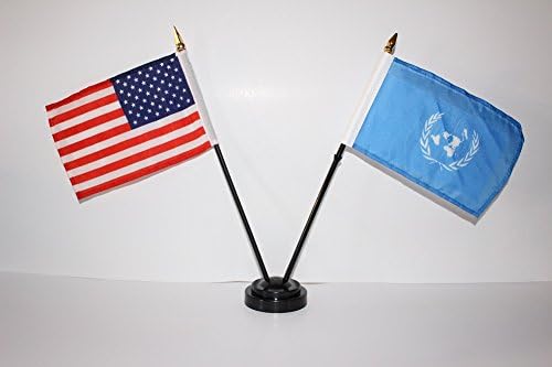 US USA American and United Nations UN Peace Keeping 4"x6" Miniature Flags Desk Set with Gold Base