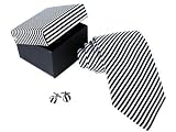 Black & White Striped 100% Silk Necktie & Cufflinks