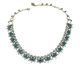 Vintage Looking Michal Negrin Fashionable Collar Necklace Embellished with Turquoise Swarovski Crystals, Brass Leaves Ornaments and Dangle Glass Bead Accents - Special Ordered and Shipped by Genuvo within 2 to 3 Weeks