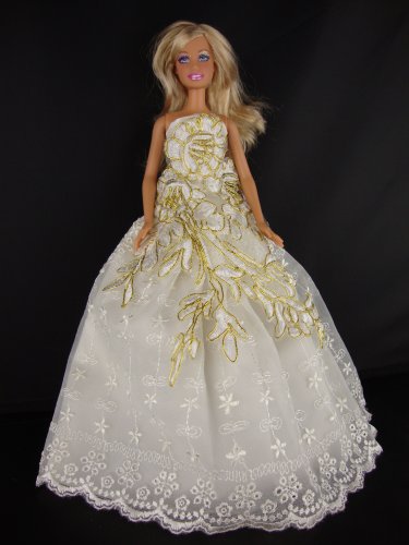 Stunning White Gown with Large Accent Gold and Flowers Made to Fit the Barbie Doll
